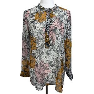 H&M Women Floral Sheer Blouse Mustard Pink Ruffle Collar Long Sleeve Top Size 8